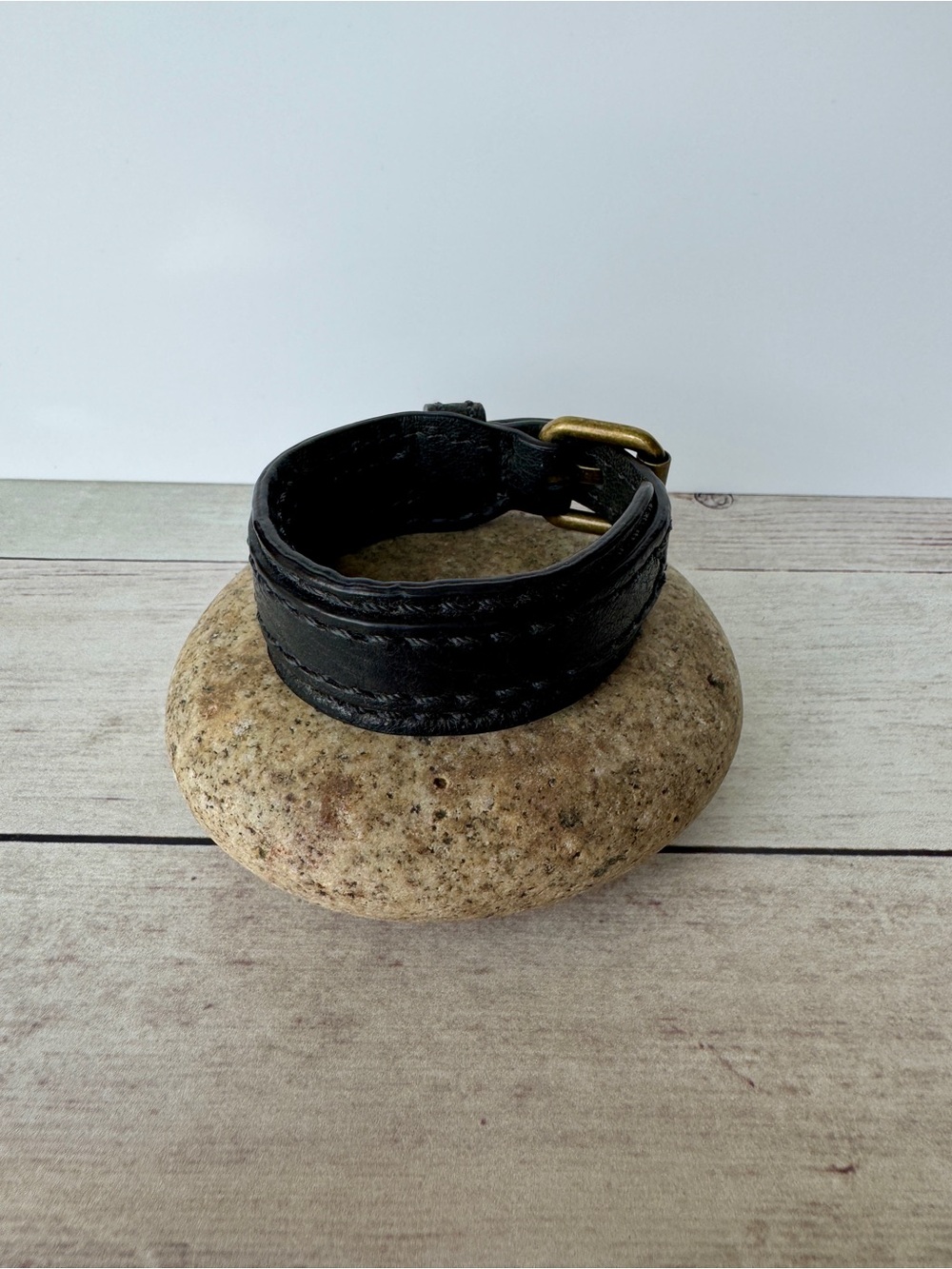 Frye Black Leather Cuff Bracelet with Brass Buckle
